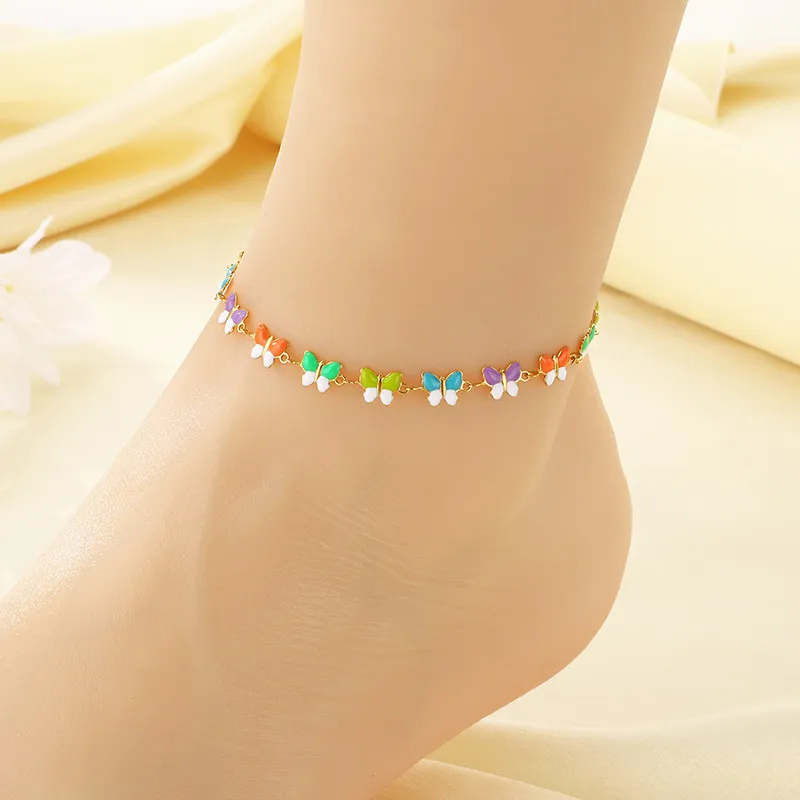 Bohemian Summer Accessories Bead Enamel Wheat Butterfly Stainless Steel Anklets for Women