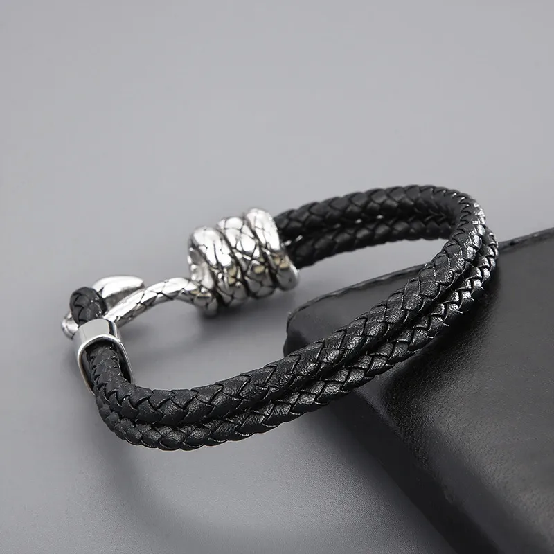 Fashionable Stainless Steel Winding Snake Animal Connection Hand Rope Woven Leather Men's Bracelet
