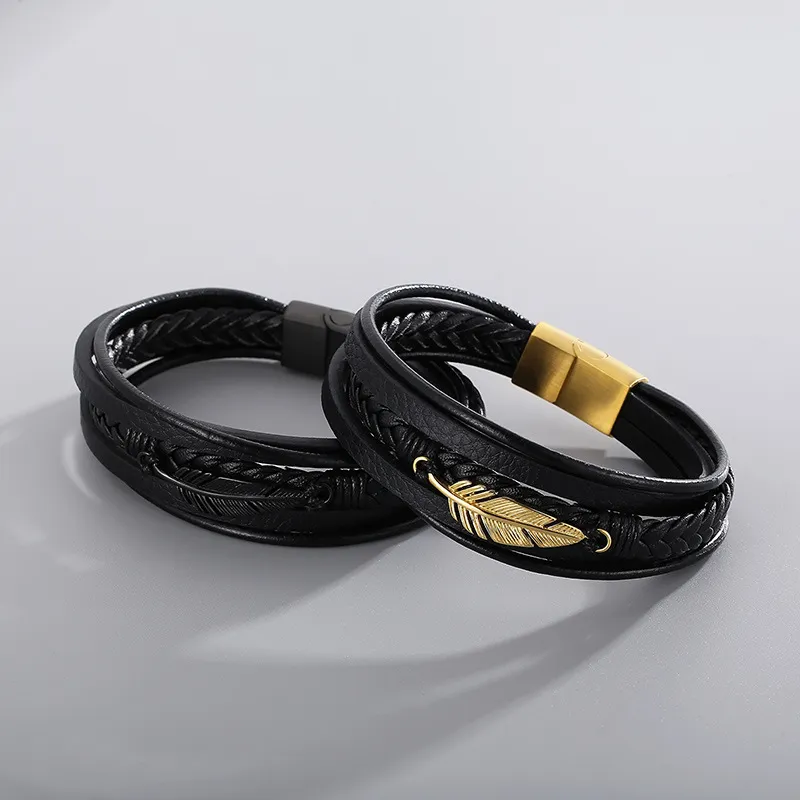 Fashionable Stainless Steel Feather Multi-Layer Woven Leather Men's Bracelet Jewelry