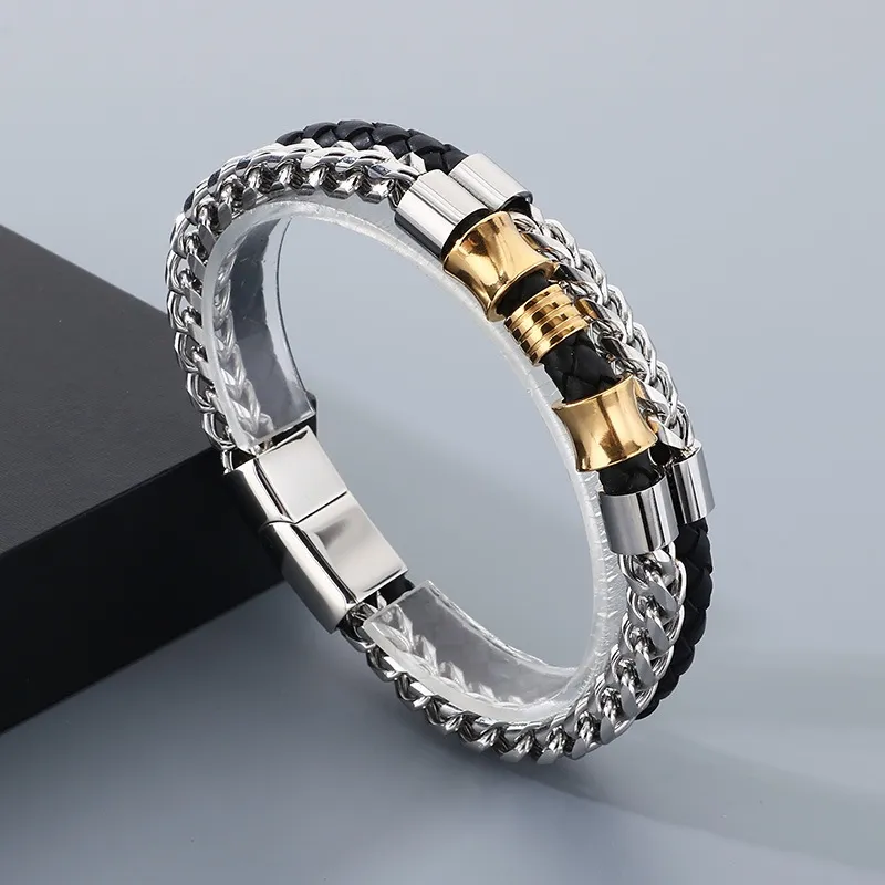 Trendy Stainless Steel Geometric Woven Multi-Layer Personalized Leather Bracelet