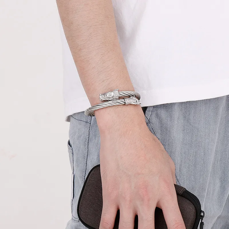 Trendy Open Cuff Bangle Punk Dragon Head Tail Stainless Steel Men's Bracelet