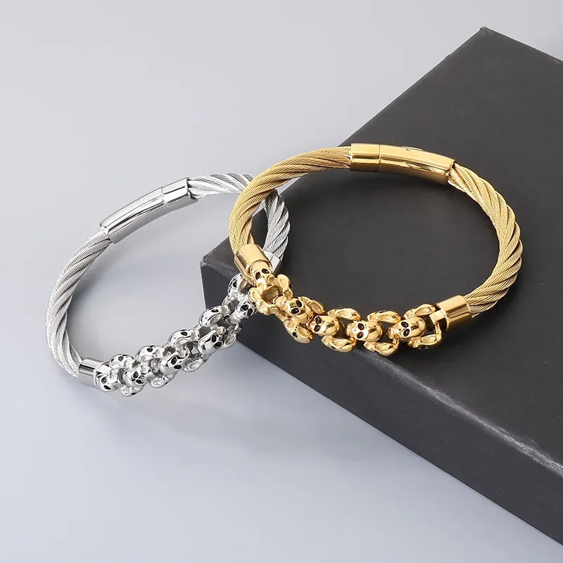 Retro Style Men's Stainless Steel Wire Waistband Punk Skull Bangle Bracelet