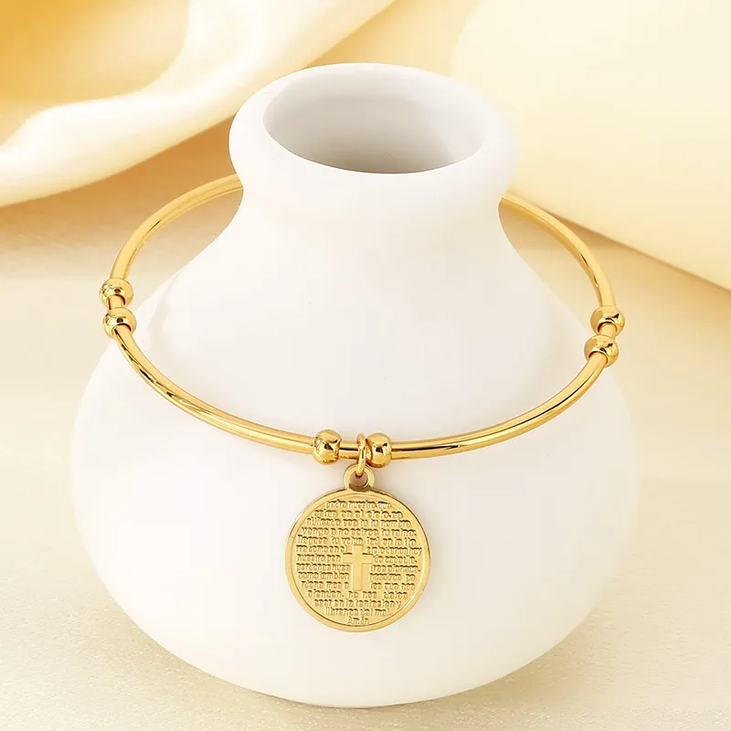 Stylish 18K Gold Round Cross Stainless Steel Openning Bangle Jewelry Wholesale