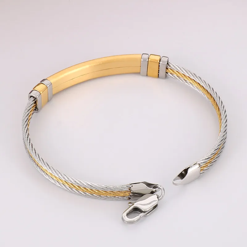 Stainless Steel Braided Three Row Steel Wire Rope Bangle with Curved Plate That Can Be Engraved with Letters