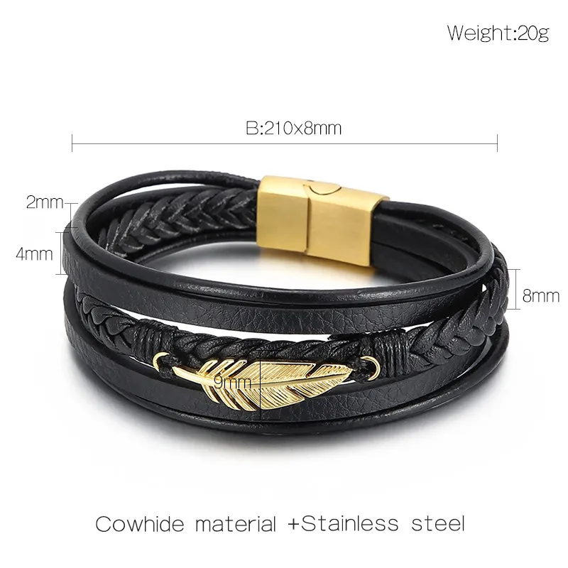Fashionable Stainless Steel Feather Multi-Layer Woven Leather Men's Bracelet Jewelry
