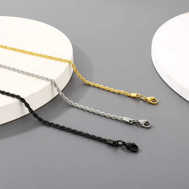 Cross-Border Sweater Chain Accessories, Hip-Hop Vacuum Plated 3mm Fried Dough Twists Chain, Regular Chain, Stainless Steel Necklace for Men and Women