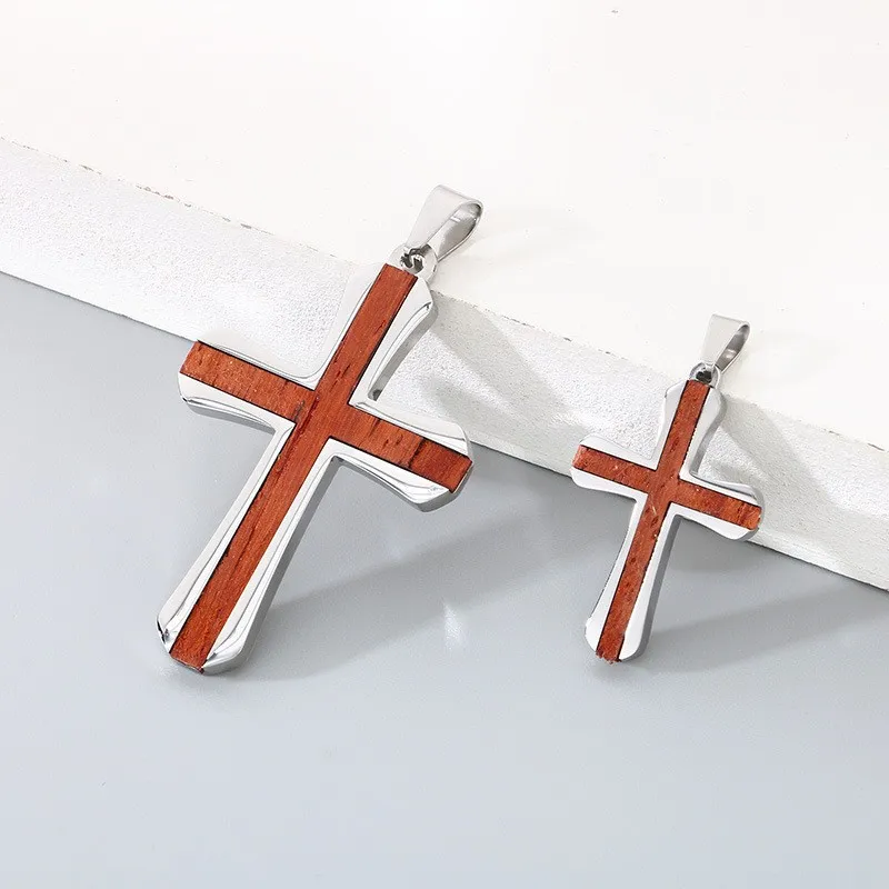 Simple Two-Tone Couple Necklace, Stylish and Unique Stainless Steel Inlaid with Rosewood Cross Men's Pendant