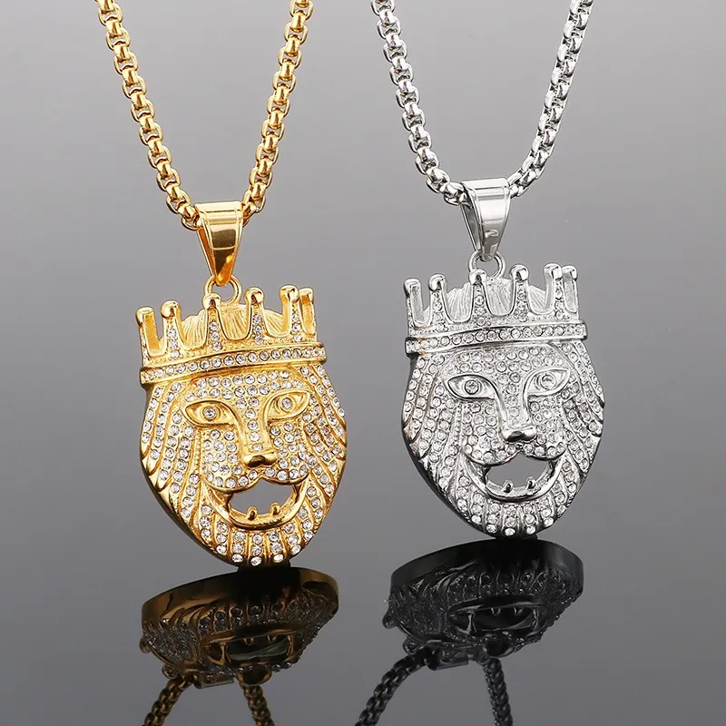 Hip-Hop Full Rhinestones Diamond Crown Lion Head Stainless Steel Men's Pendant
