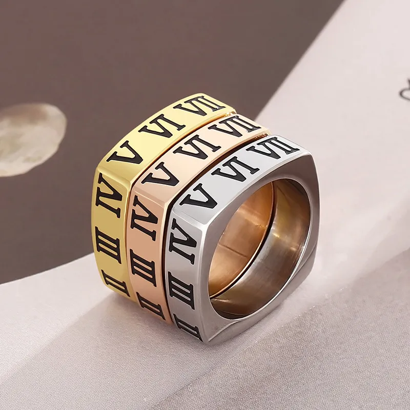 Personality Multi-Ring Square Ring Fashion Diamond-Embedded Roman Numeral Stainless Steel Ring Wholesale