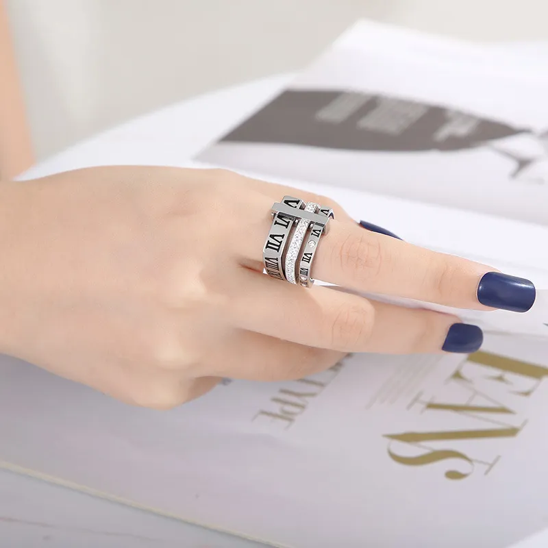 Personality Multi-Ring Square Ring Fashion Diamond-Embedded Roman Numeral Stainless Steel Ring Wholesale