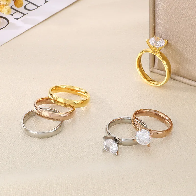 Minimalist Couple Rings 4-Prong Diamond Ring Pair 4mm Polished Stainless Steel Wedding Jewelry