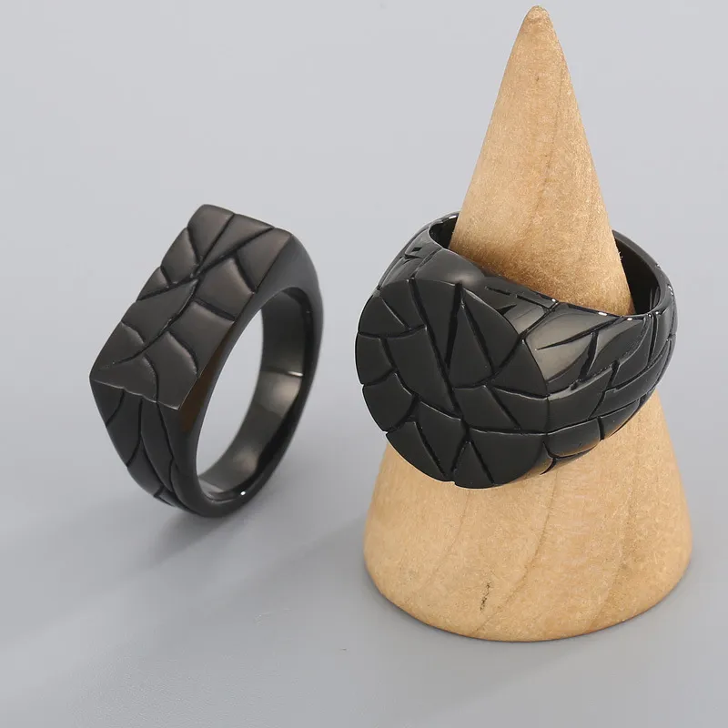 Geometric Surface Rectangular Laser Logo Black Cast Classic Stainless Steel Ring