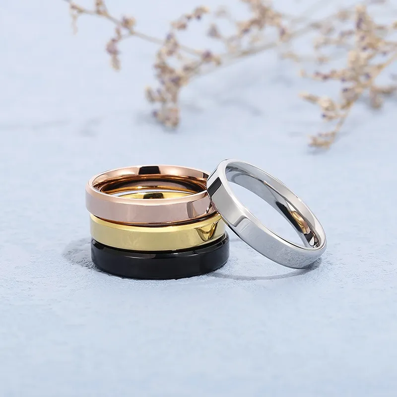 New Arrival 4/6mm Double-Bevel Polished Mirror Stainless Steel Minimalist Couple Rings Jewelry
