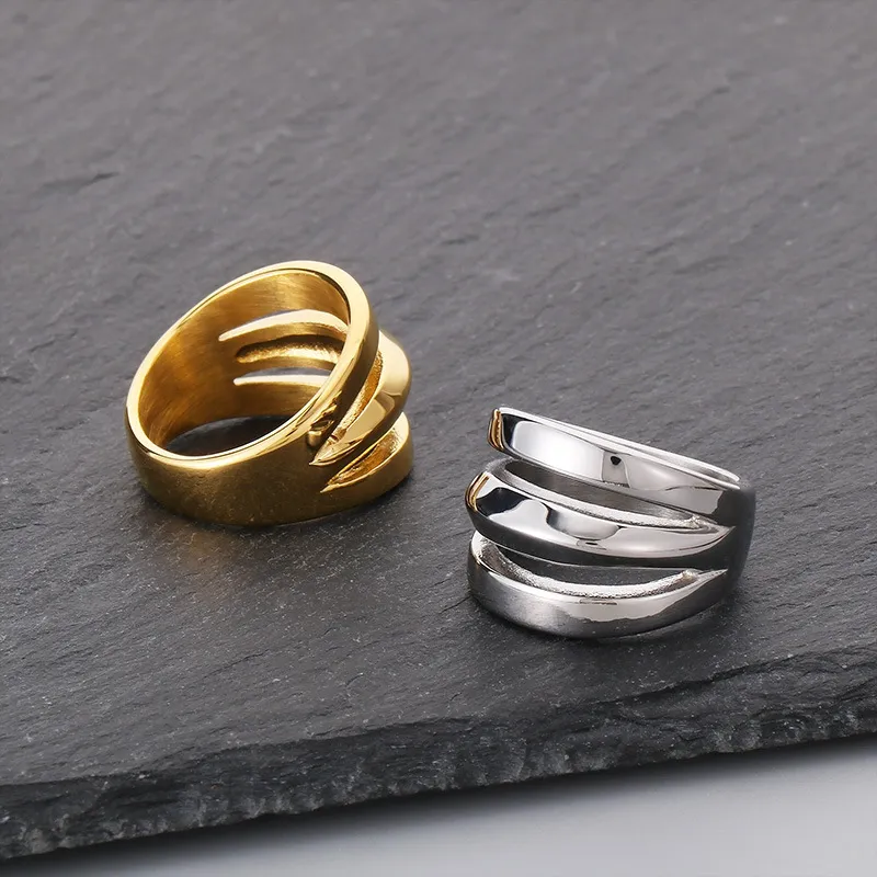 Stainless Steel Geometric Lines Personalized Three-Layer Ins Style Men's Atmospheric Ring