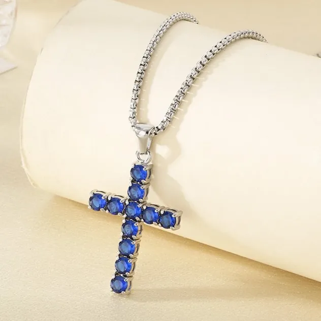 Multi-Colored Diamond-Encrusted Cross Pendant Stainless Steel Tennis Chain Jewelry