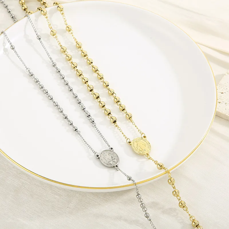 Stainless Steel Niche Design Cross Retro Beaded Necklace Clavicle Chain for Women