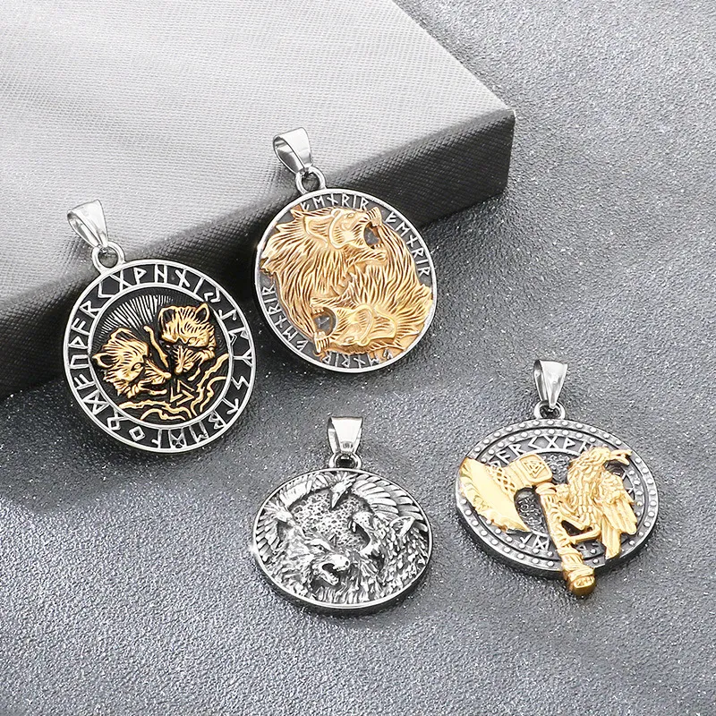 Nordic Viking Mythical Battle Axe Crow Totem Accessory Retro Mighty Double Wolf and Crow Stainless Steel Men's Pendant