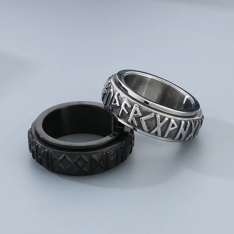 Fashion Retro Stainless Steel Creative Nordic Viking Rune Rotatable Ring Jewelry Wholesale