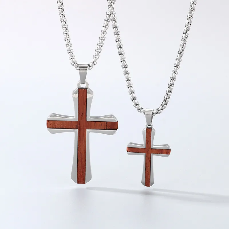 Fashion Personalized Stainless Steel Inlaid Red Pear Solid Wood Cross Pendant