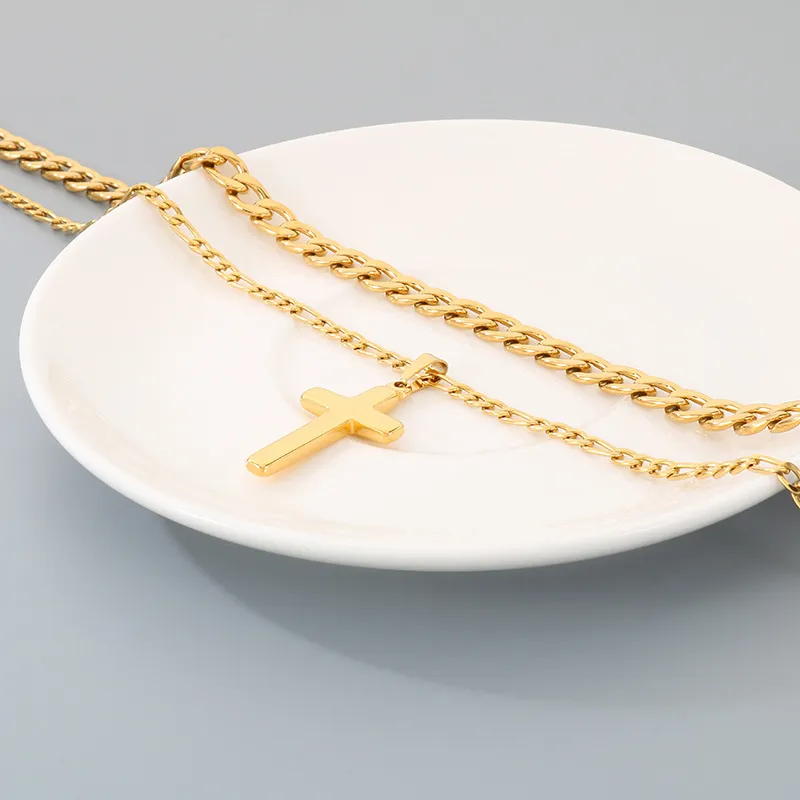 Retro, Simple, Engraved Cross Necklace, Trendy and Fashionable Nk Chain Double-Layer Stacked Stainless Steel Men's Pendant Necklace