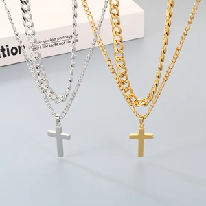 Retro, Simple, Engraved Cross Necklace, Trendy and Fashionable Nk Chain Double-Layer Stacked Stainless Steel Men's Pendant Necklace