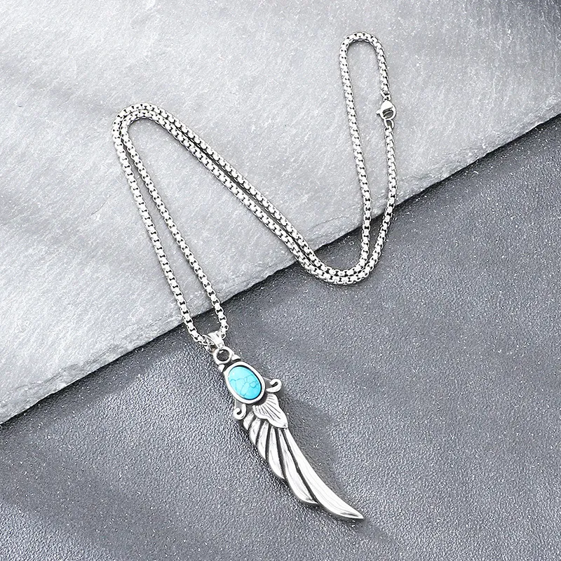 Trendy Axe Devil's Eye Pendant, Ethnic Style Retro Blue Turquoise Feather Pendant, Stainless Steel Men's Accessory