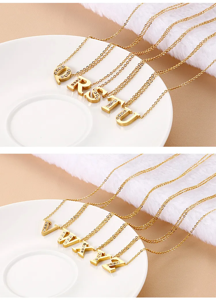 Stainless Steel 18K Gold-Plated Creative Diamond Studded 26 Uppercase English Letters Fashionable Collarbone Necklace
