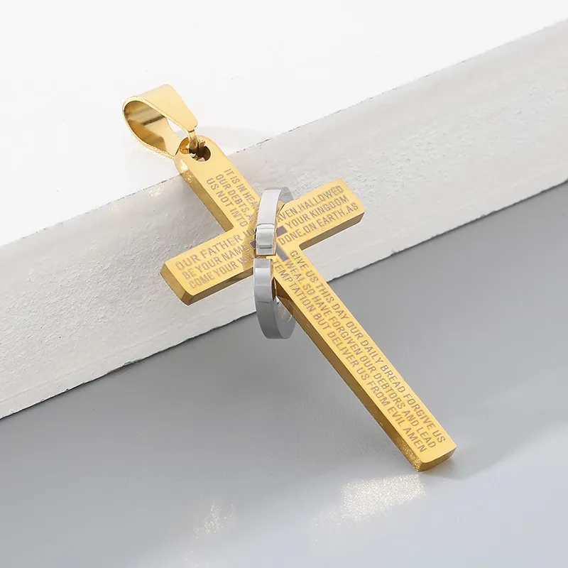 Stainless Steel Jewelry Cross Scripture Pendant Necklace for Both Men and Women