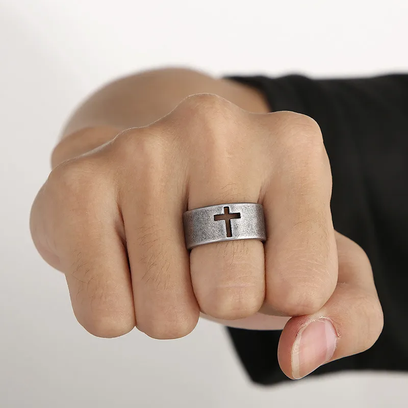 Oxidized Retro Vintage Stainless Steel Men's Hollowed Cross Opening Jewelry Ring