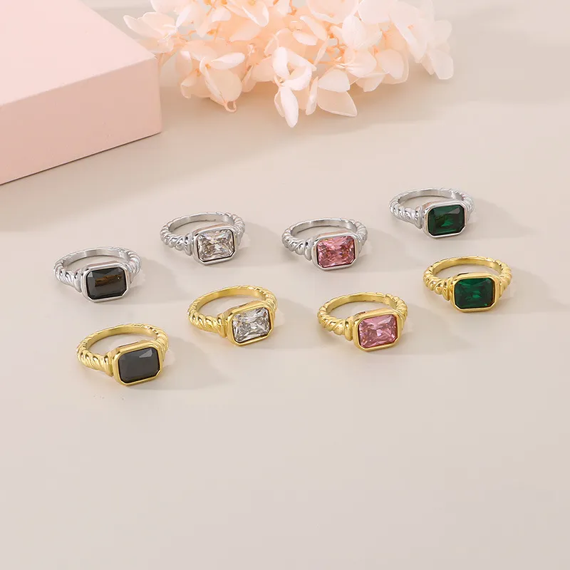 Stainless Steel Square Inlaid Glass Ring, European and American Retro Color Ring Jewelry