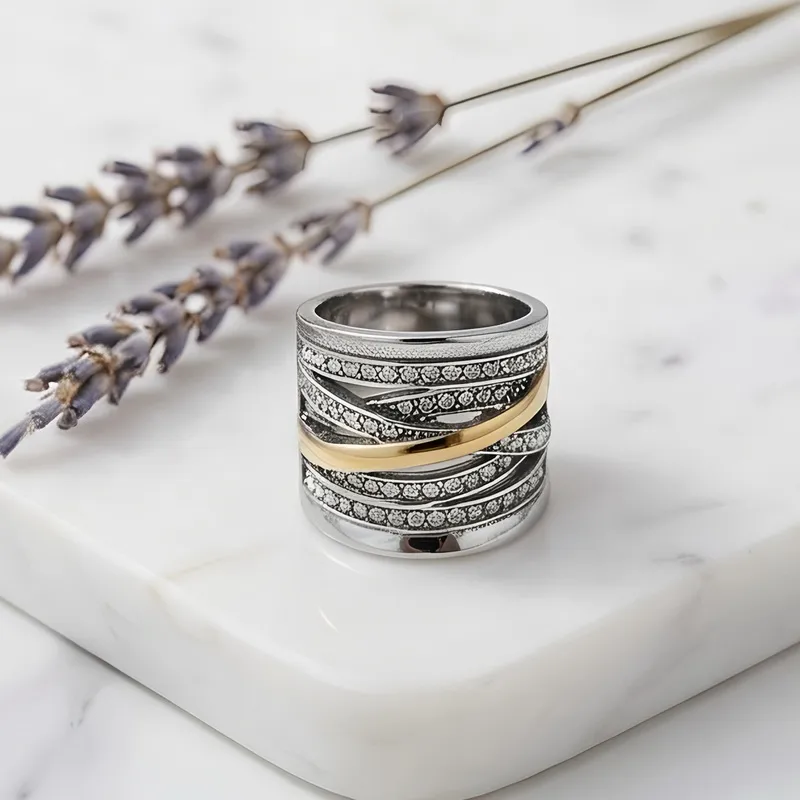 Fashion Entwined Multi-Band Shiny Zircon Ring Stainless Steel Vintage Oversized Wide Ring