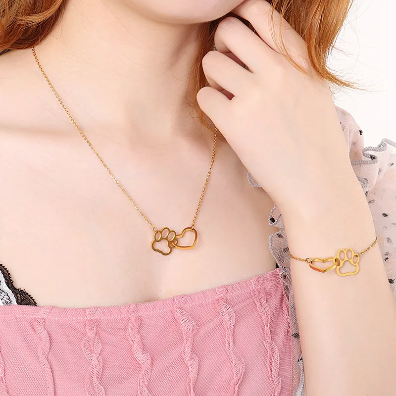 New Creative Heart-Shaped Cute Cat Paw Stainless Steel Necklace and Bracelet Jewelry Sets