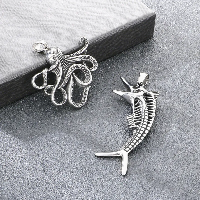 Popular Marine Creature Octopus Pendant with Punk Style, Aged, Blackened, Hollowed out Fishbone Stainless Steel Men's Pendant