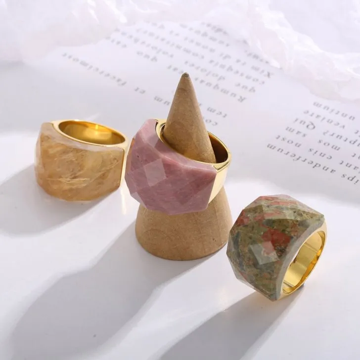 18K Gold Plated Women's Colorful Natural Stone Statement Ring