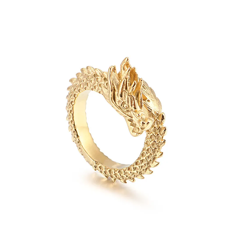 Vintage Ethnic Dragon Jewelry Wholesale: Stainless Steel Imposing Dragon Head Ring, European and American Men's Open-End Finger Ring