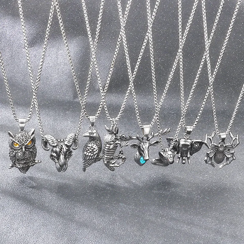 Exaggerated Animals, Elk, Cobras, Auspicious Elephants, Dinosaur Accessories, Halloween Spiders, Sheep Horns, Skeletons, Stainless Steel Men's Pendant