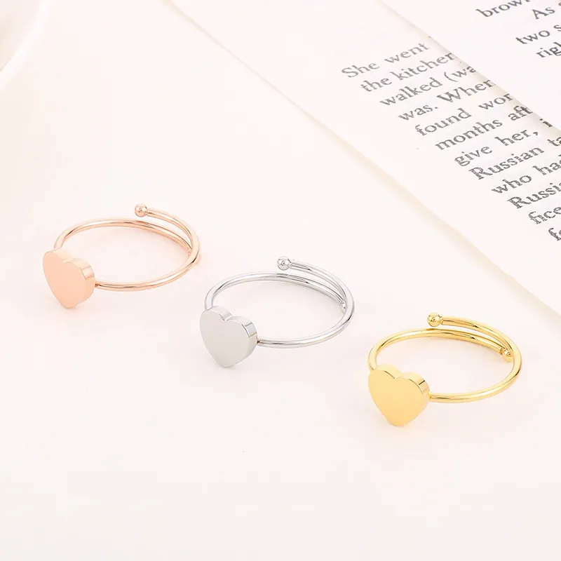 Minimalist Ins Style Stainless Steel Heart-Shaped Adjustable Size Ring for Girls' Accessories