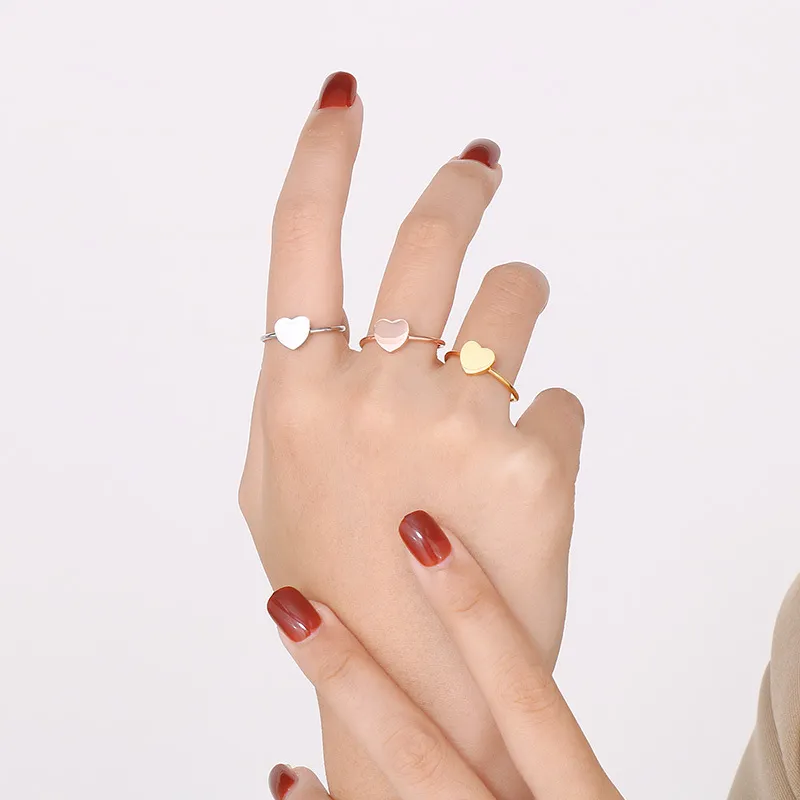 Minimalist Ins Style Stainless Steel Heart-Shaped Adjustable Size Ring for Girls' Accessories