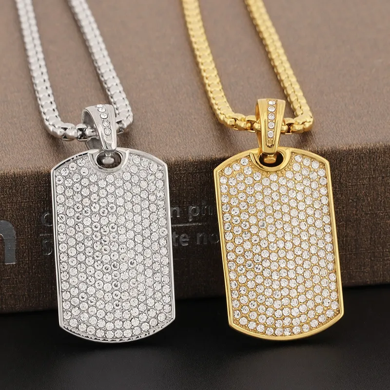 Personalized Trendy Straight-Cut Square Pendant, European and American Rock and Hip-Hop Fashion, Studded with Rhinestones, Stainless Steel Men's Necklace
