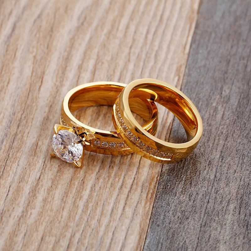 Couple's Micro-Pave Diamond Hammered Texture Zircon Wedding Stainless Steel Ring Wholesale Jewelry