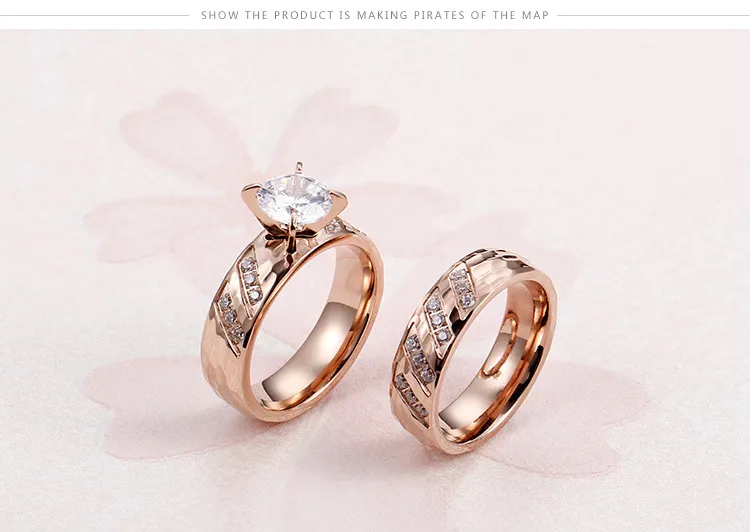 Korean Japanese Stainless Steel Couple's Matching Ring 18K Gold Textured Diamond-Embedded Rings