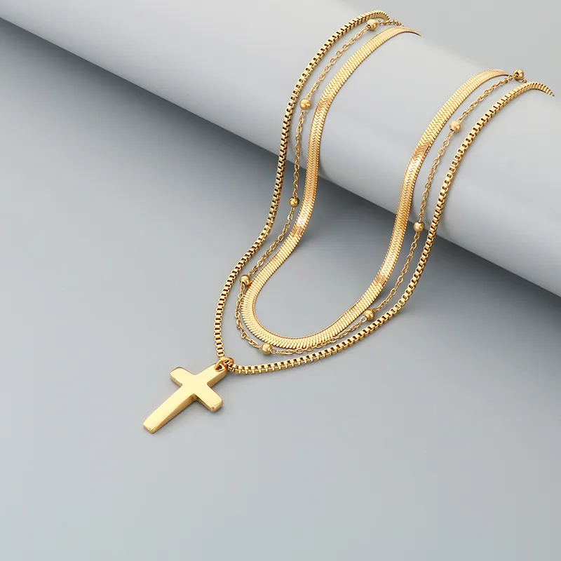European and American Flat Snake Chain Multi-Layer Chain Necklace Retro Stainless Steel Box Chain Cross Pendant Men's and Women's Necklace