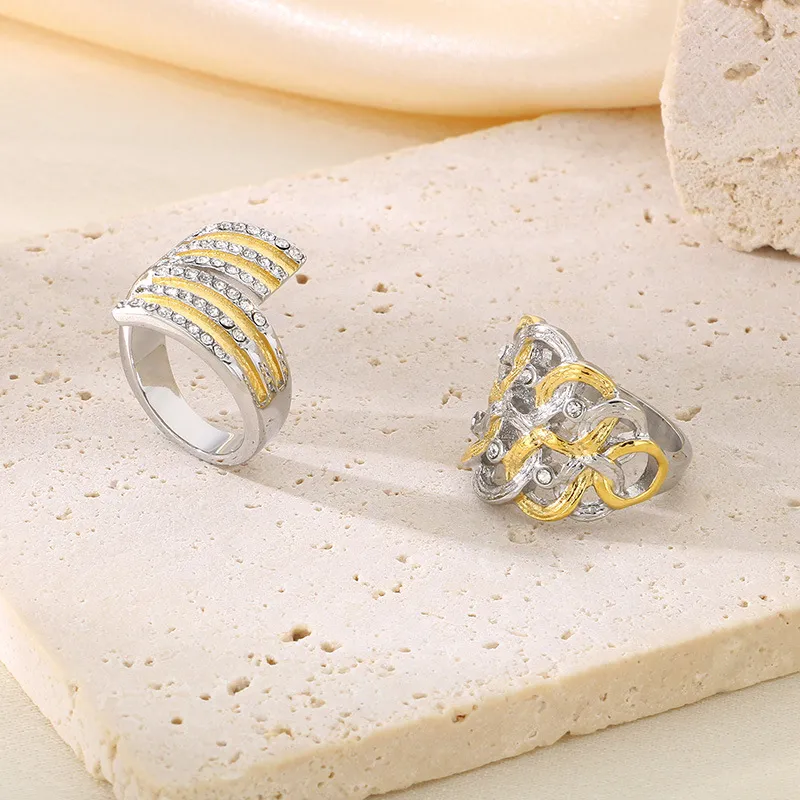 Trendy Fashion Contrast Color Ring Retro Irregular Ins Diamond-Embedded Stainless Steel Rings