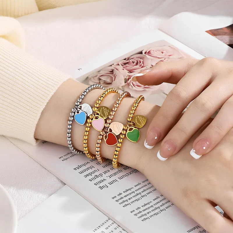 18K Gold Plated Open Heart-Shaped Clavicle Chain with Multi-Color Epoxy Resin Stainless Steel Ring Set