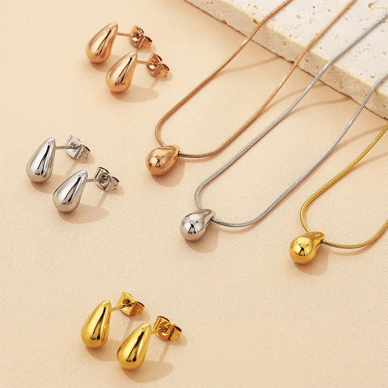 Fashion Water Drop Earrings Necklace Ins Geometric Stainless Steel Stud Jewelry Set