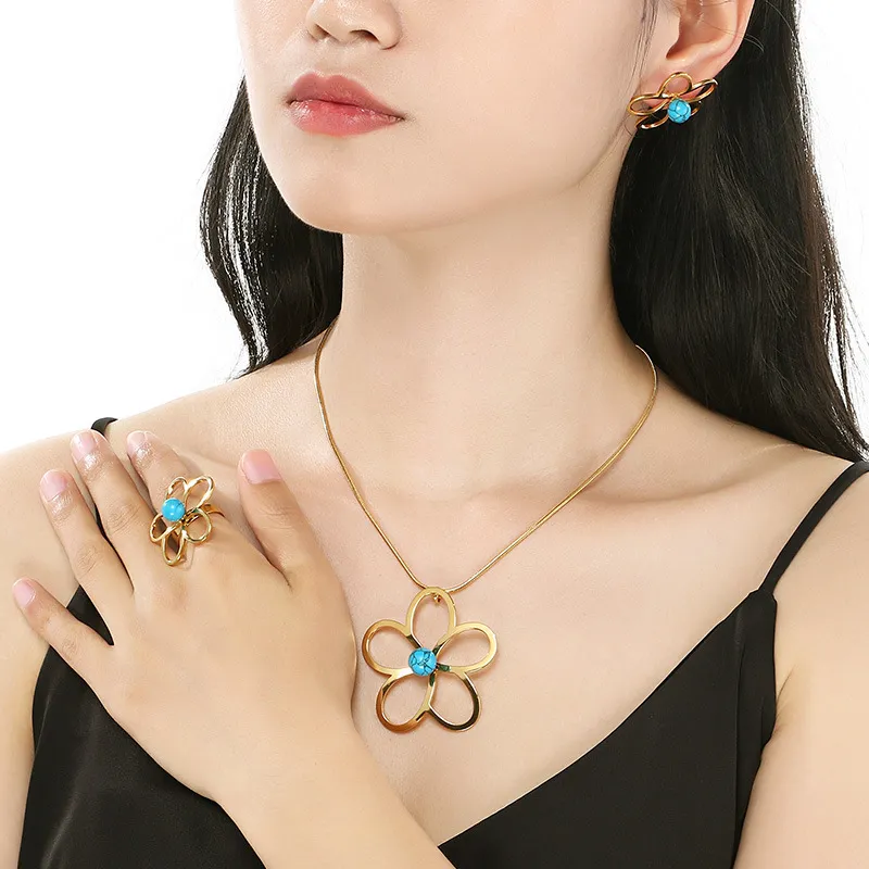 Fashion 4-Piece Hollow Flower Pearl Blue Natural Stone Inlay Stainless Steel Jewelry Set