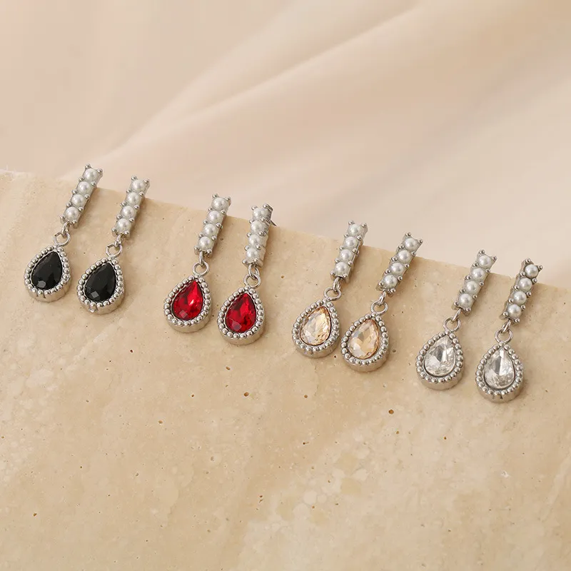 Stainless Steel Jewelry Droplet Shaped Diamond Inlaid Shell Bead Earrings
