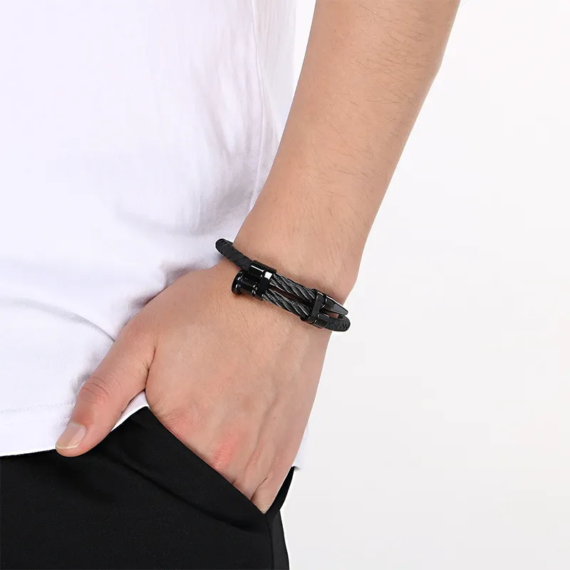 Punk Style Personalized Stainless Steel Nail Head Domineering Men's Leather Bracelet Wholesale