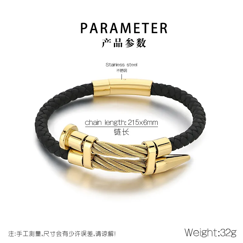 Punk Style Personalized Stainless Steel Nail Head Domineering Men's Leather Bracelet Wholesale