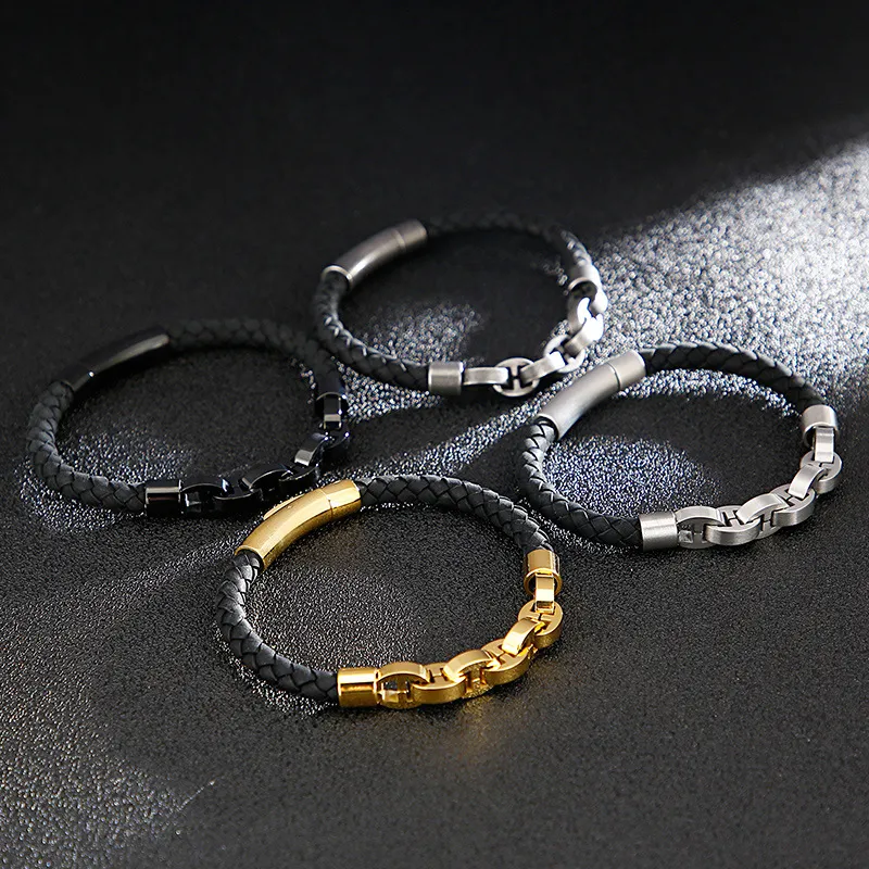 Trendy and Personalized Stainless Steel Cowhide Woven Chain Men's Leather Bracelet